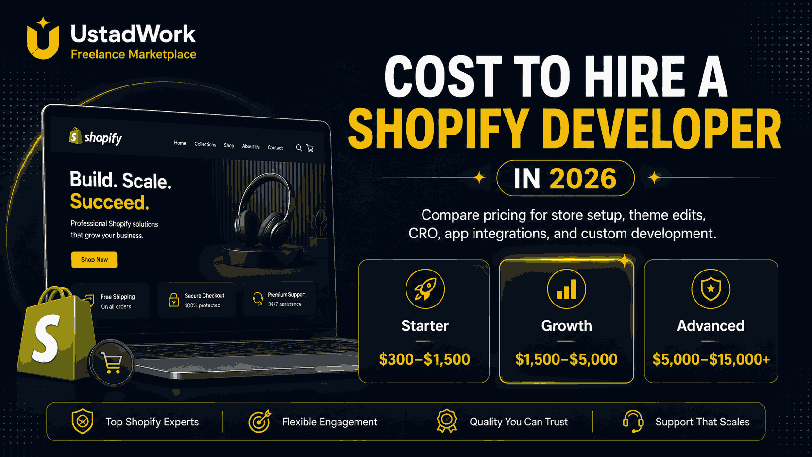 Cost to hire a Shopify developer in 2026 with Starter, Growth, and Advanced pricing tiers.