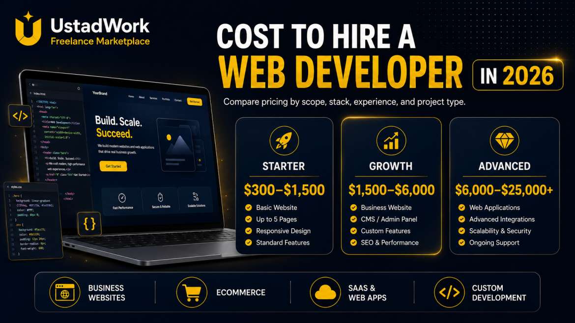 Cost to hire a web developer in 2026 with Starter, Growth, and Advanced pricing tiers for websites, ecommerce, and custom web apps.