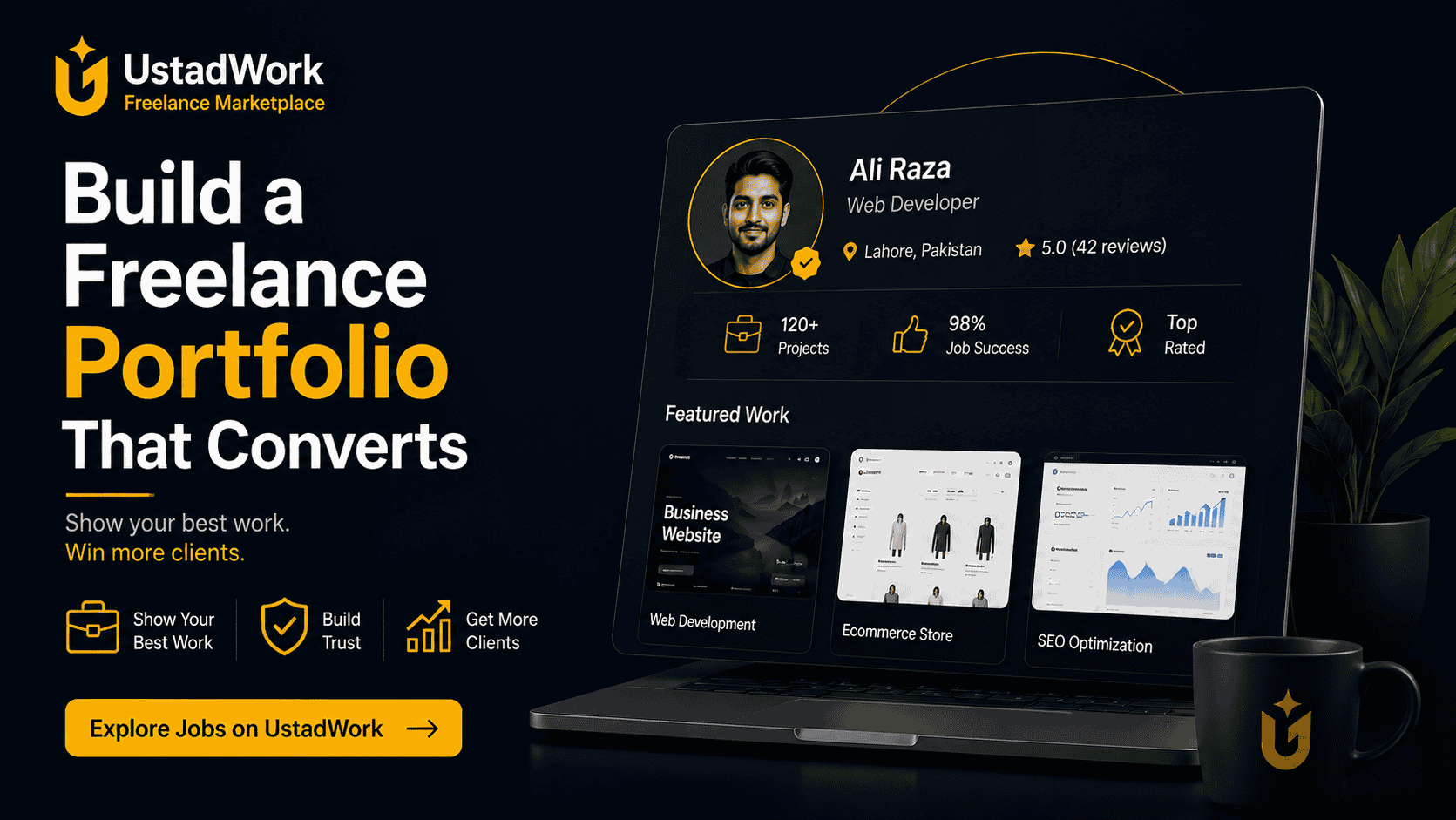 Freelance portfolio guide with profile card, project case studies, trust indicators, reviews, skills, and client-ready service examples.