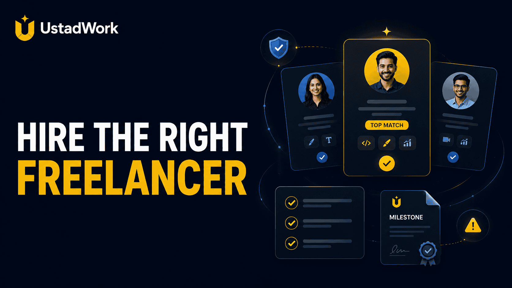 Freelancer hiring guide showing shortlist cards, proposal score checklist, milestone plan, verified proof, and hiring risk flags.