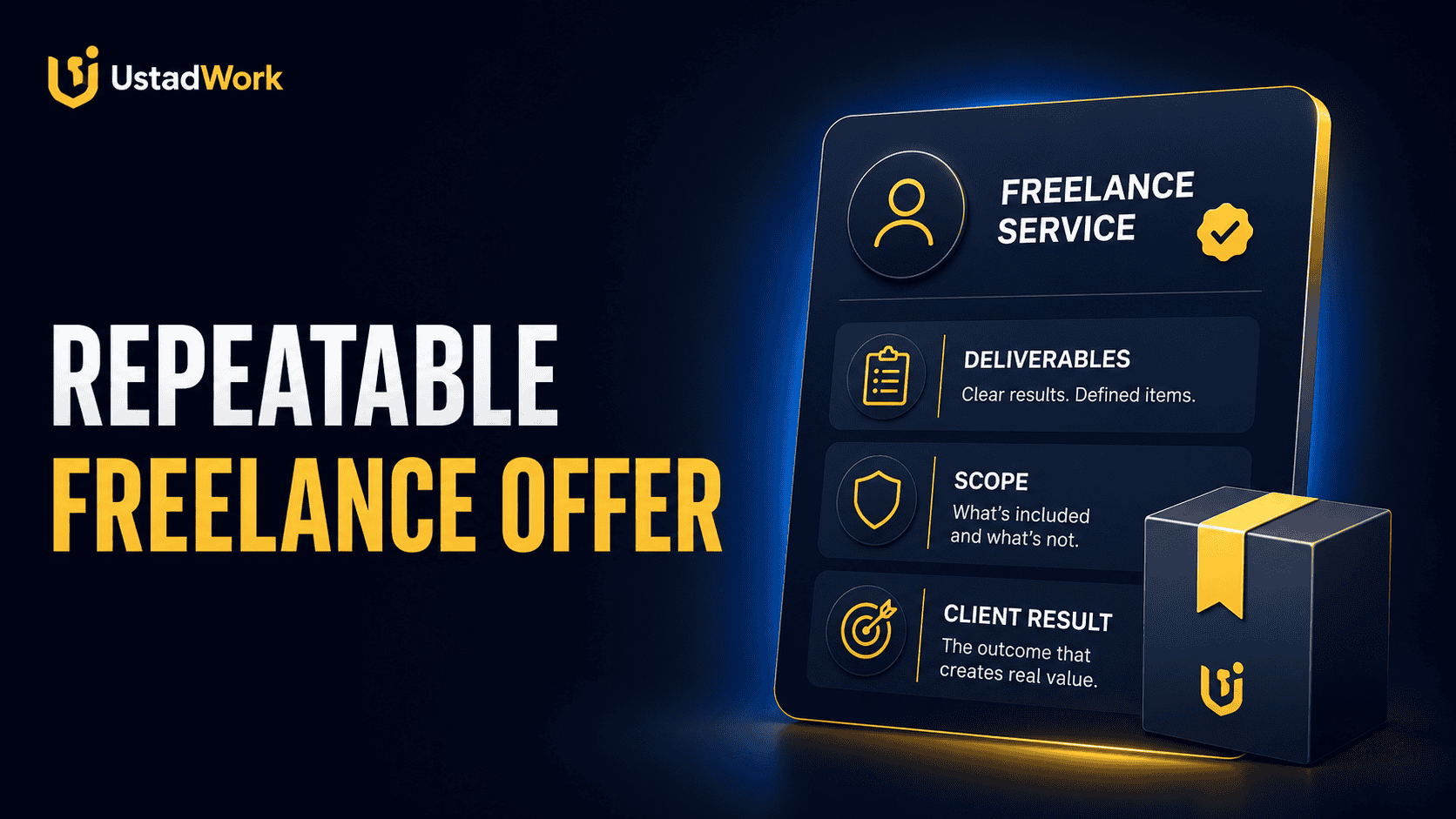 Repeatable freelance offer guide showing a freelancer service package card, clear deliverables, scope boundaries, and service tiers.