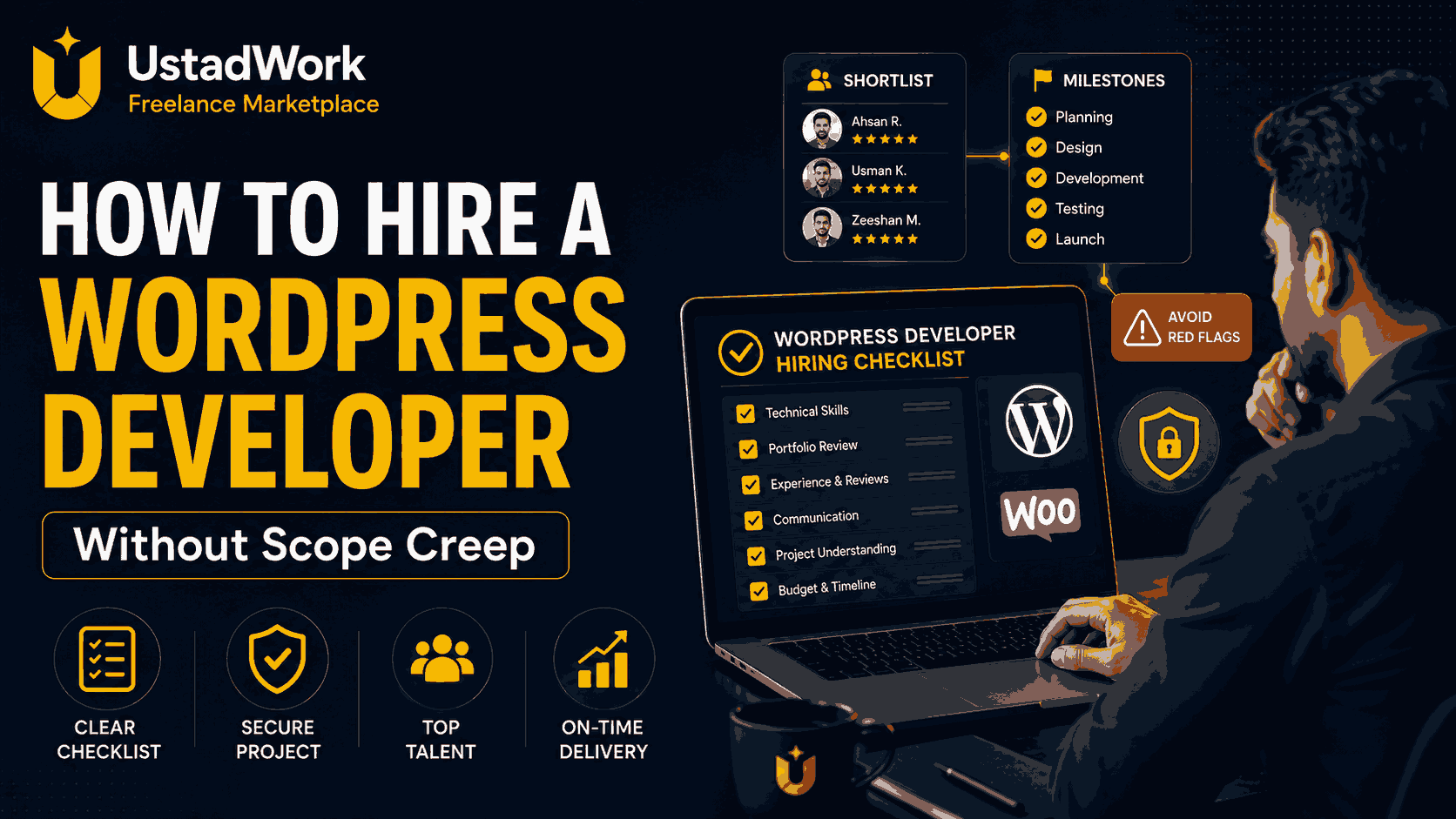 How to hire a WordPress developer without scope creep using a hiring checklist, milestones, and red flag review.