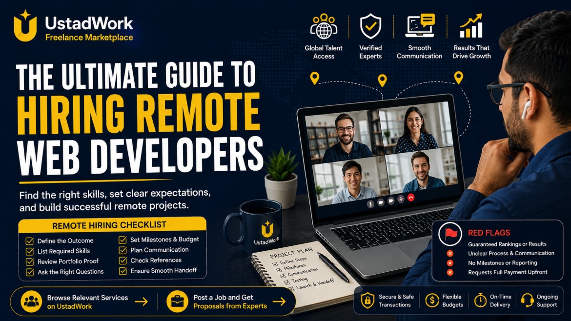 How to hire remote web developers using a skills checklist, developer shortlist, milestones, remote communication tools, and project risk flags.
