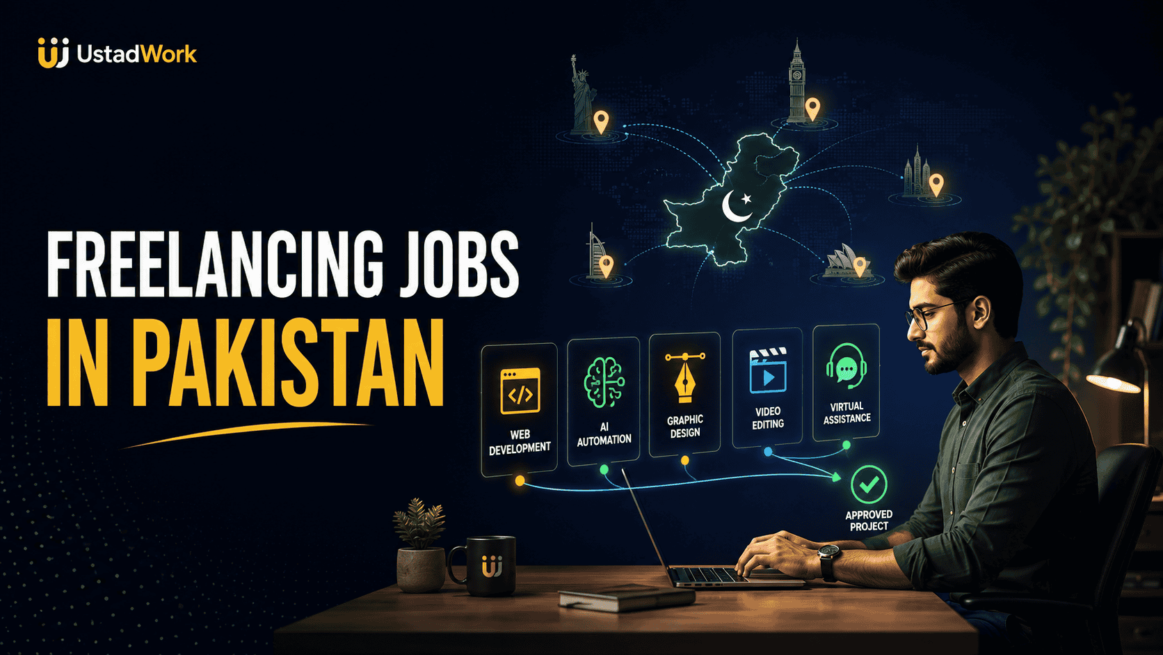 Freelancing jobs in Pakistan guide showing web development, AI automation, graphic design, video editing, SEO, ecommerce, virtual assistance, and remote client work.