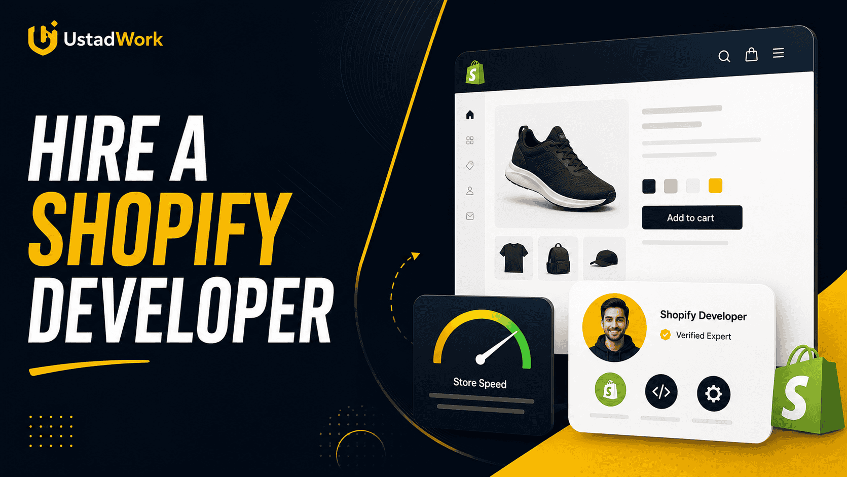 Shopify developer hiring guide showing ecommerce store project cards, freelancer shortlist checks, product page improvements, speed gauge, and milestone checklist.