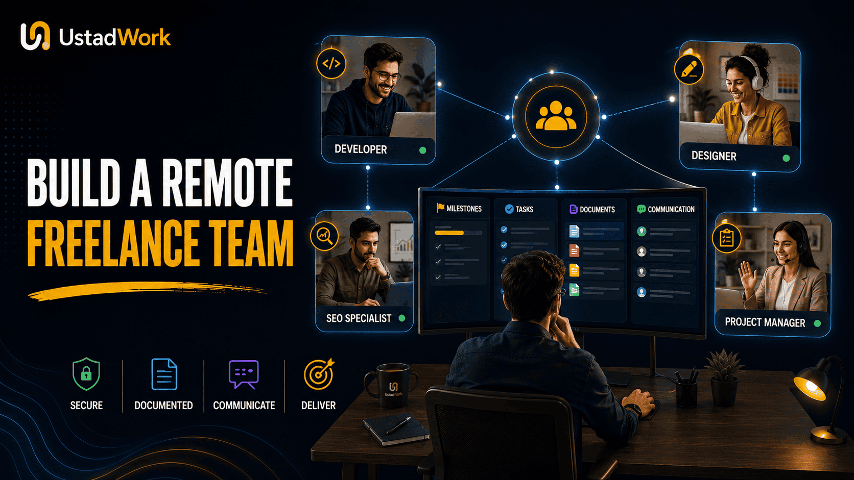 Remote freelance team guide showing role planning, specialist hiring, onboarding, asynchronous communication, milestones, quality review, and secure project access.