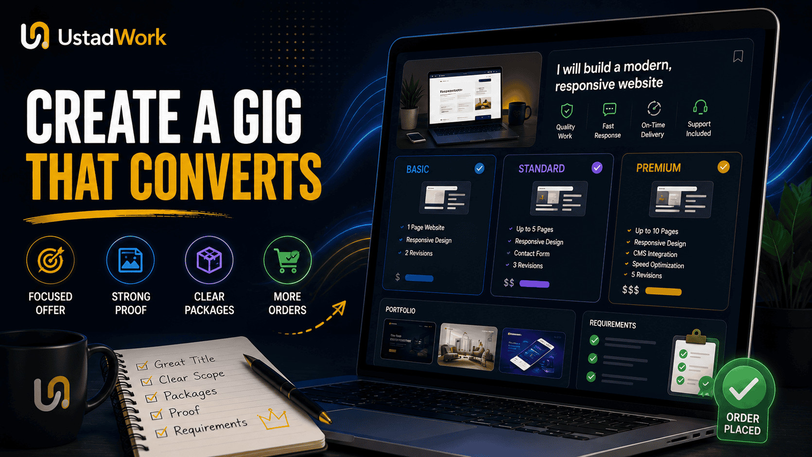 Freelance gig conversion guide showing a focused service title, tiered packages, portfolio proof, client requirements, FAQs, and order CTA.
