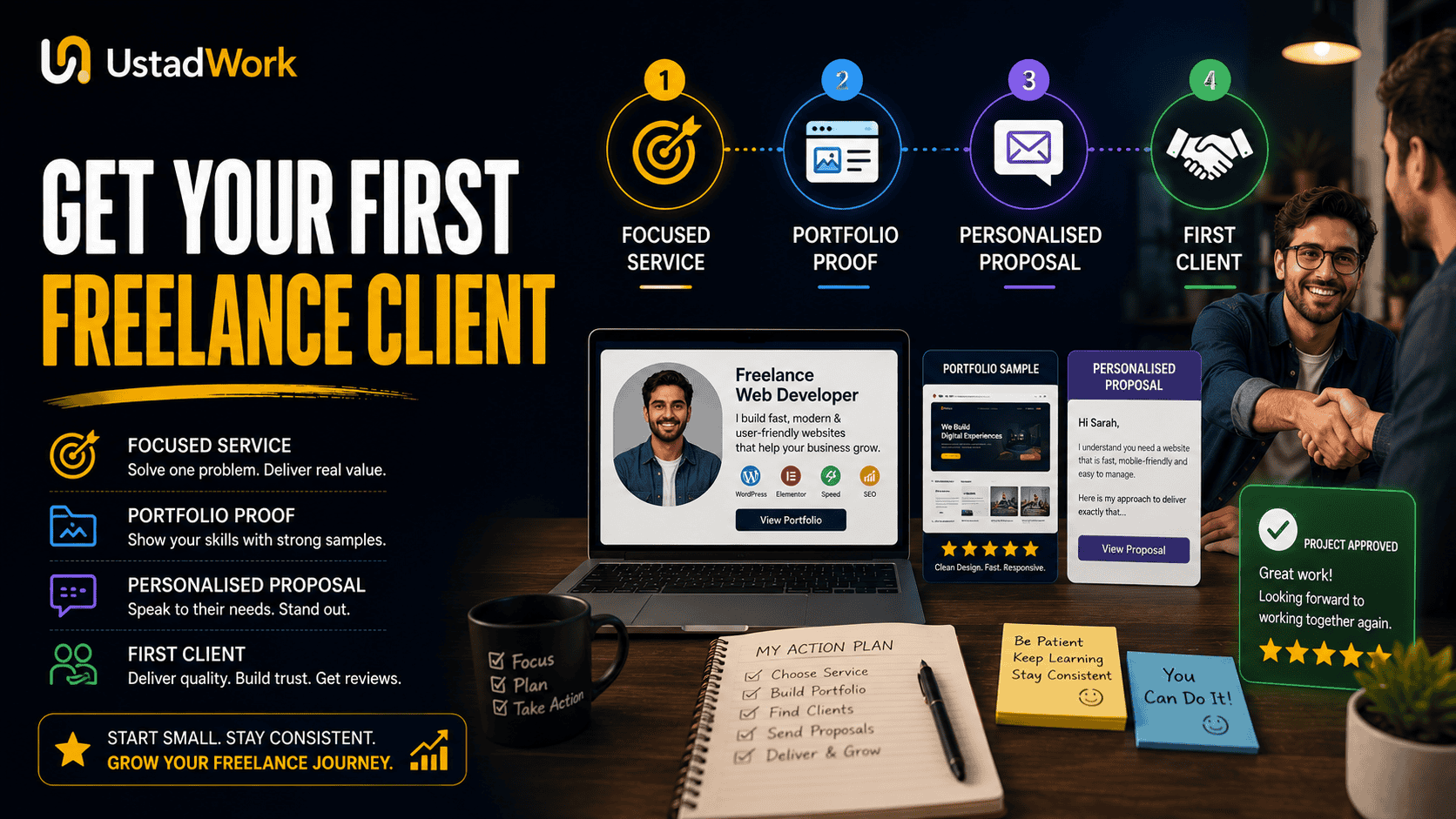 First freelance client guide showing a focused service offer, portfolio proof, personalised outreach, proposal, client call, and successful first project.
