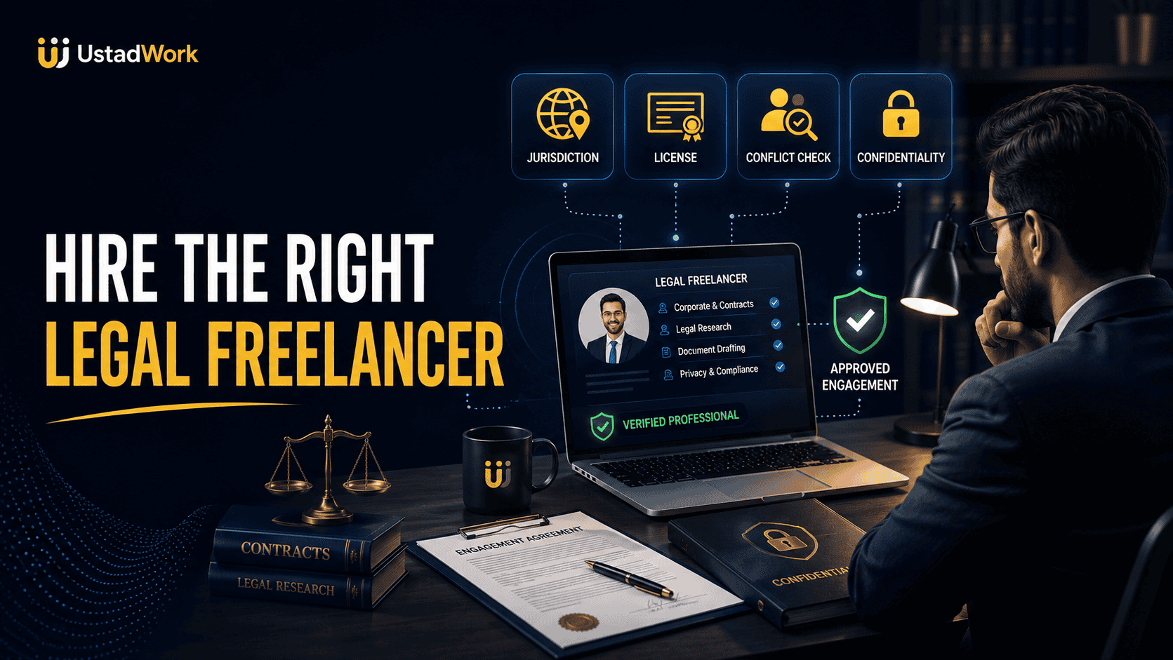 Legal freelancer hiring guide showing jurisdiction verification, professional credentials, conflict checks, confidentiality, engagement scope, fees, and document review.