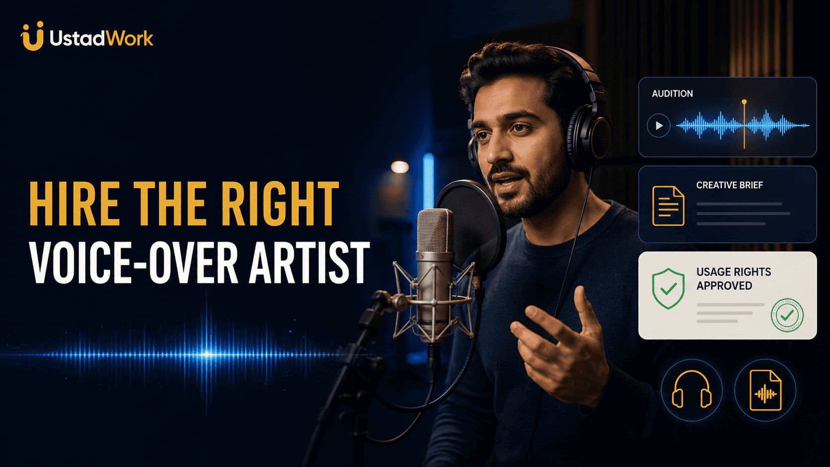 Voice-over artist hiring guide showing a recording audition, creative brief, usage rights, revision policy, audio delivery, and AI voice consent.