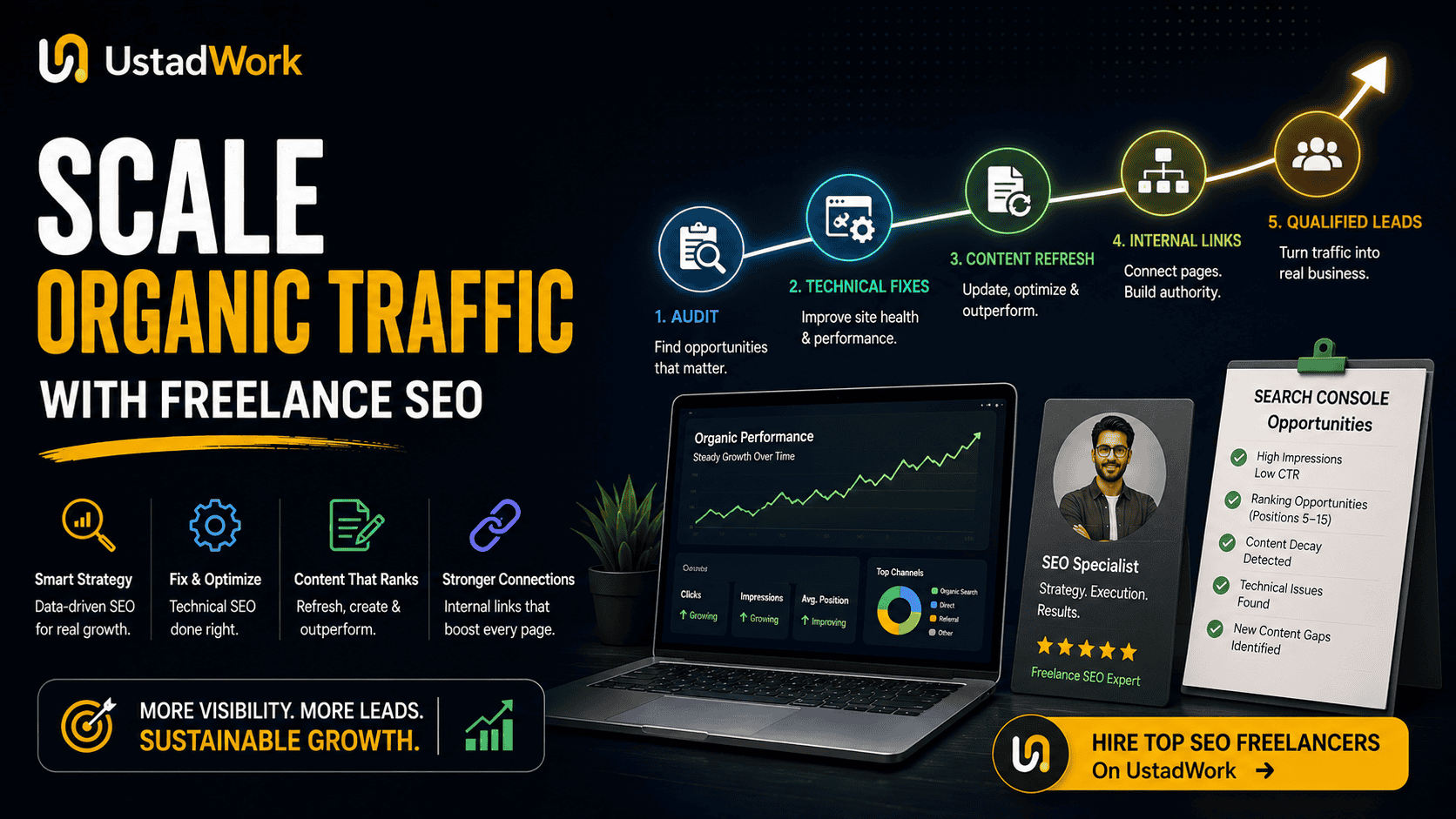 Freelance SEO strategy showing technical audit, content refresh, search-intent clusters, internal linking, AI search visibility, and organic lead growth.