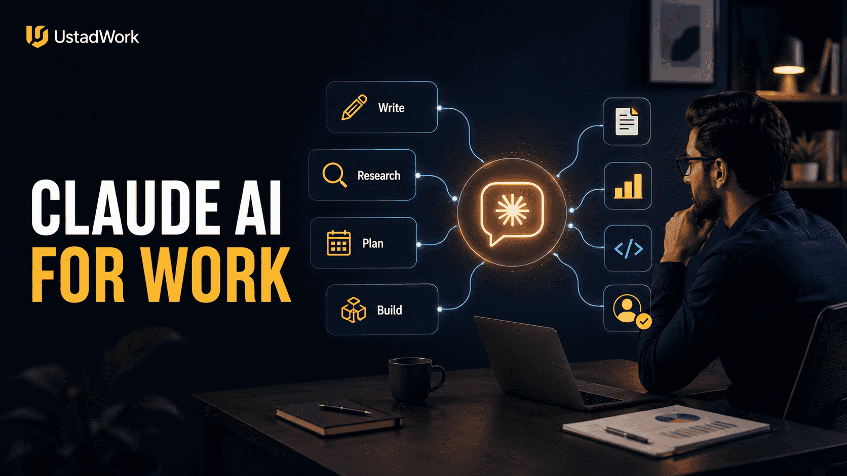 Claude AI for work guide showing writing, research, document analysis, project planning, coding support, marketing workflows, and human approval.