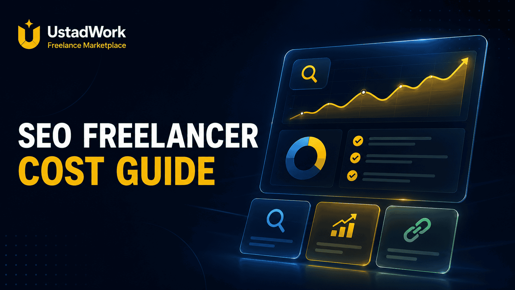 SEO freelancer cost guide with starter, growth, and advanced scope cards beside an SEO audit dashboard and project checklist.
