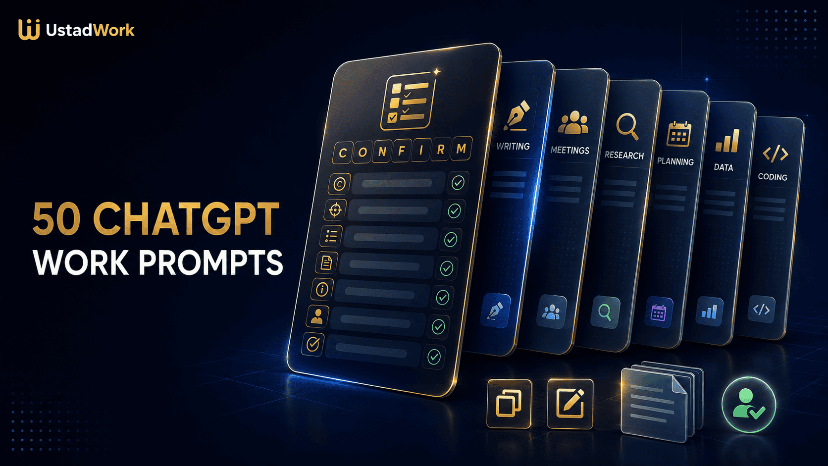Best ChatGPT prompts for work covering writing, email, research, meetings, project planning, marketing, data analysis, coding, and human review.