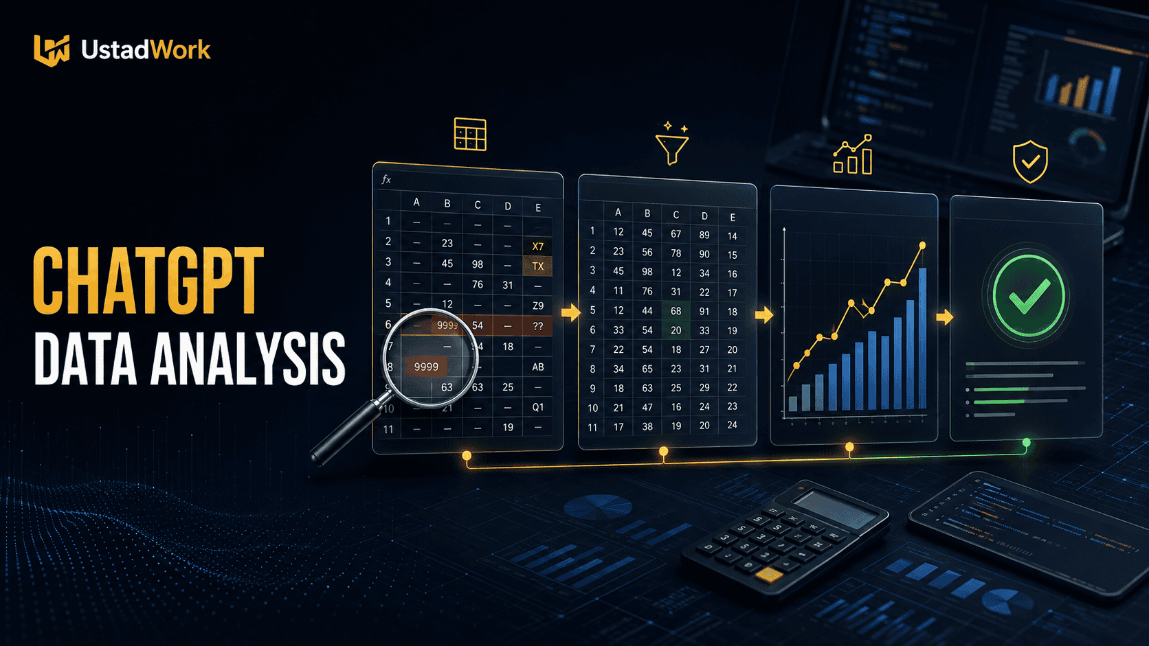 ChatGPT data analysis workflow showing Excel and CSV files, data cleaning, KPI calculations, charts, anomaly detection, business reporting, and human verification.