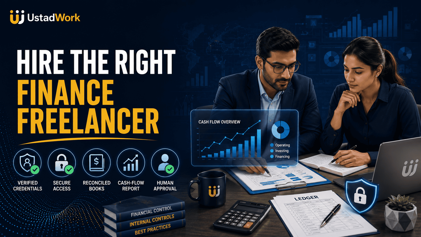 Finance freelancer hiring guide showing credential verification, bookkeeping, cash-flow reporting, secure financial access, internal controls, and approved deliverables.