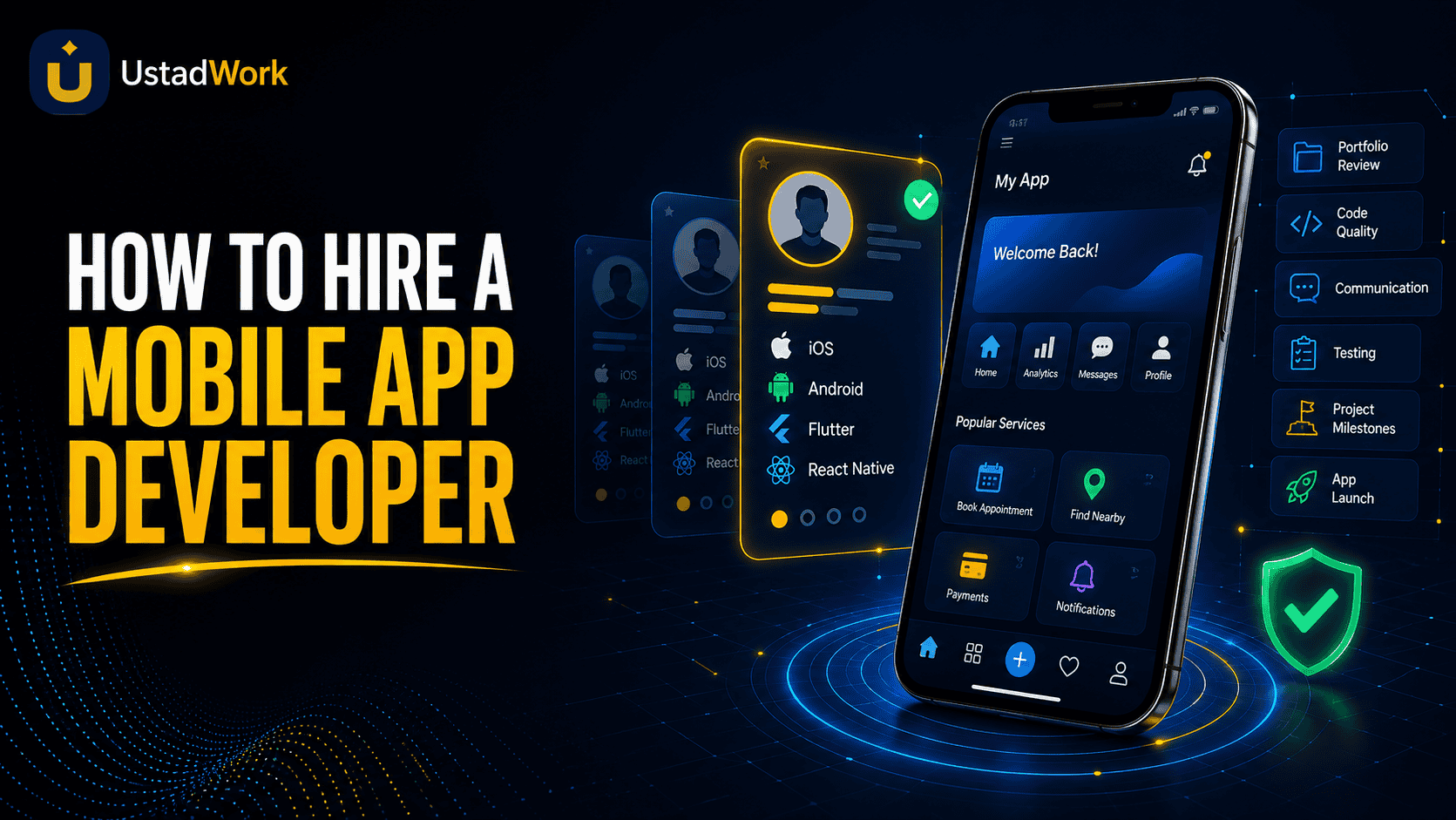How to hire a mobile app developer by comparing skills, portfolio, project fit, testing, and development experience.