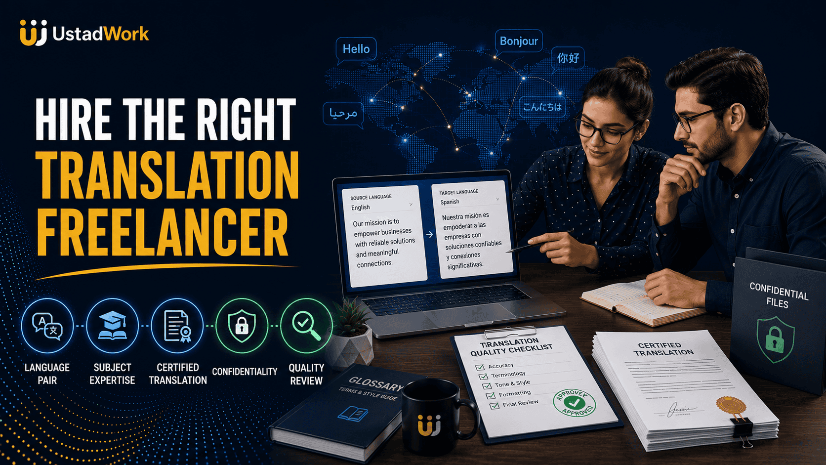 Translation freelancer hiring guide showing language-pair verification, subject expertise, terminology, confidentiality, proofreading, and approved final translation.