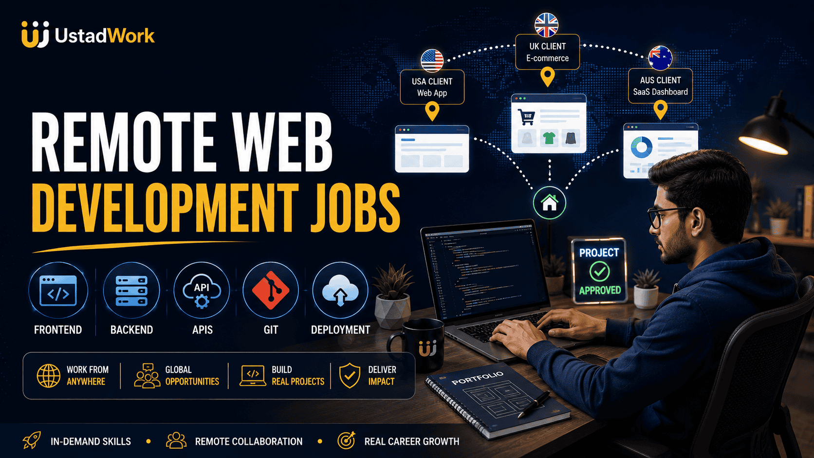 Remote web development jobs guide showing frontend, backend, APIs, Git, deployment, portfolio proof, remote communication, and approved project delivery.