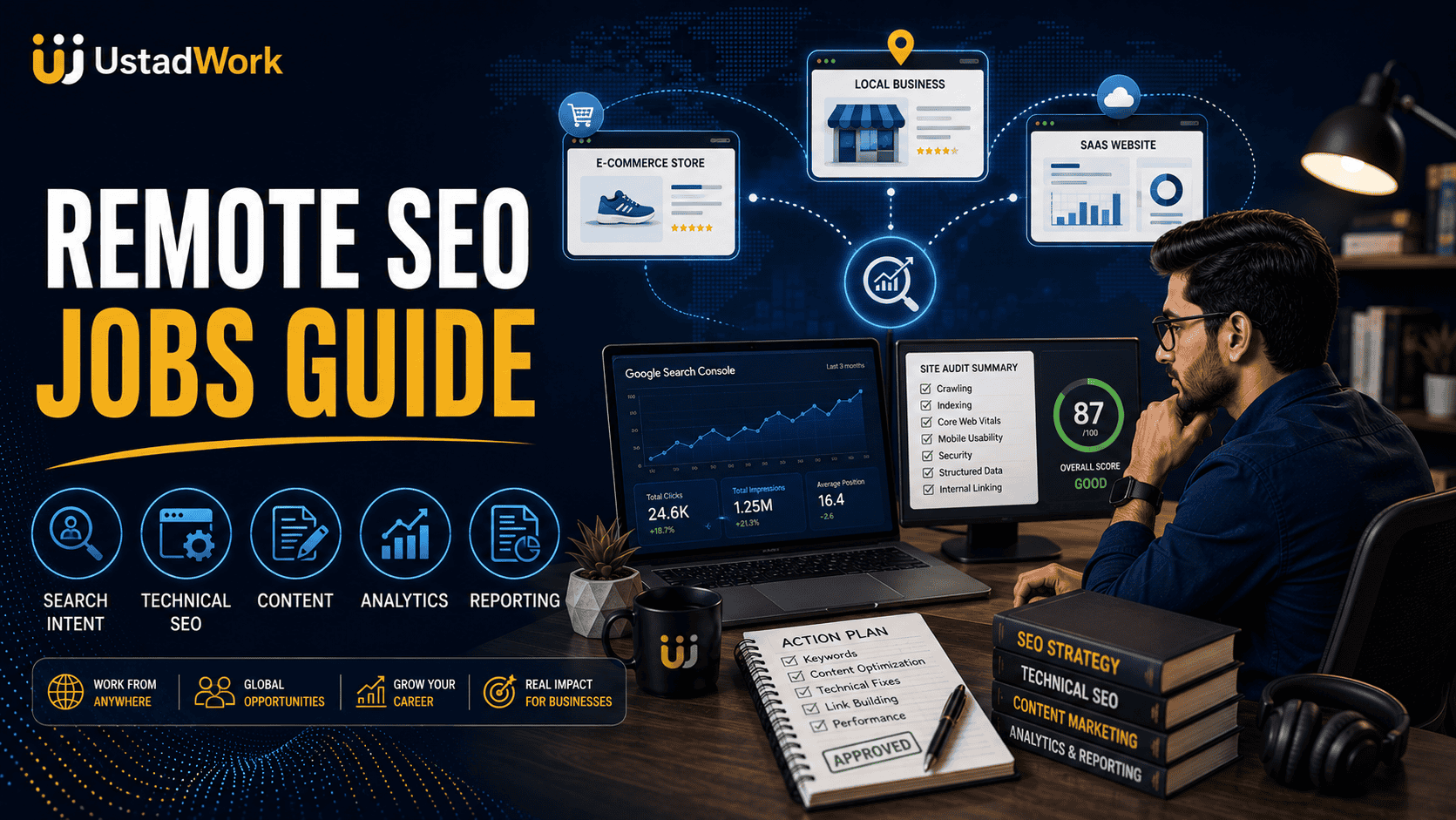 Remote SEO jobs guide showing keyword research, technical SEO, Search Console, content optimisation, analytics, reporting, and remote collaboration.